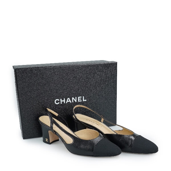 Chanel - Black Goatskin & Grosgrain Leather Sling-Back Sandals